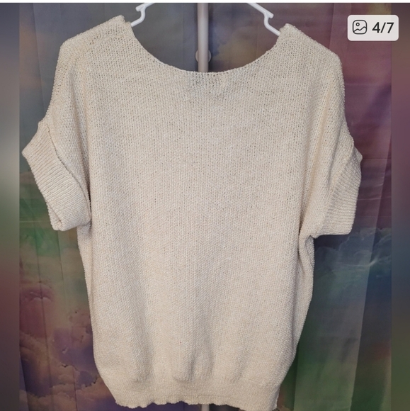 Zenana Outfitters Cream V-Neck Short Sleeve Waffle Knit Sweater - Picture 4 of 7